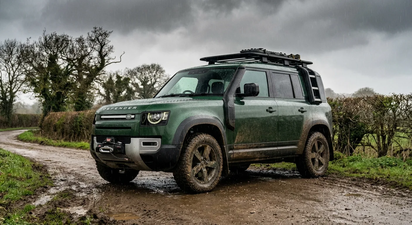 Land Rover Defender on a muddy country lane